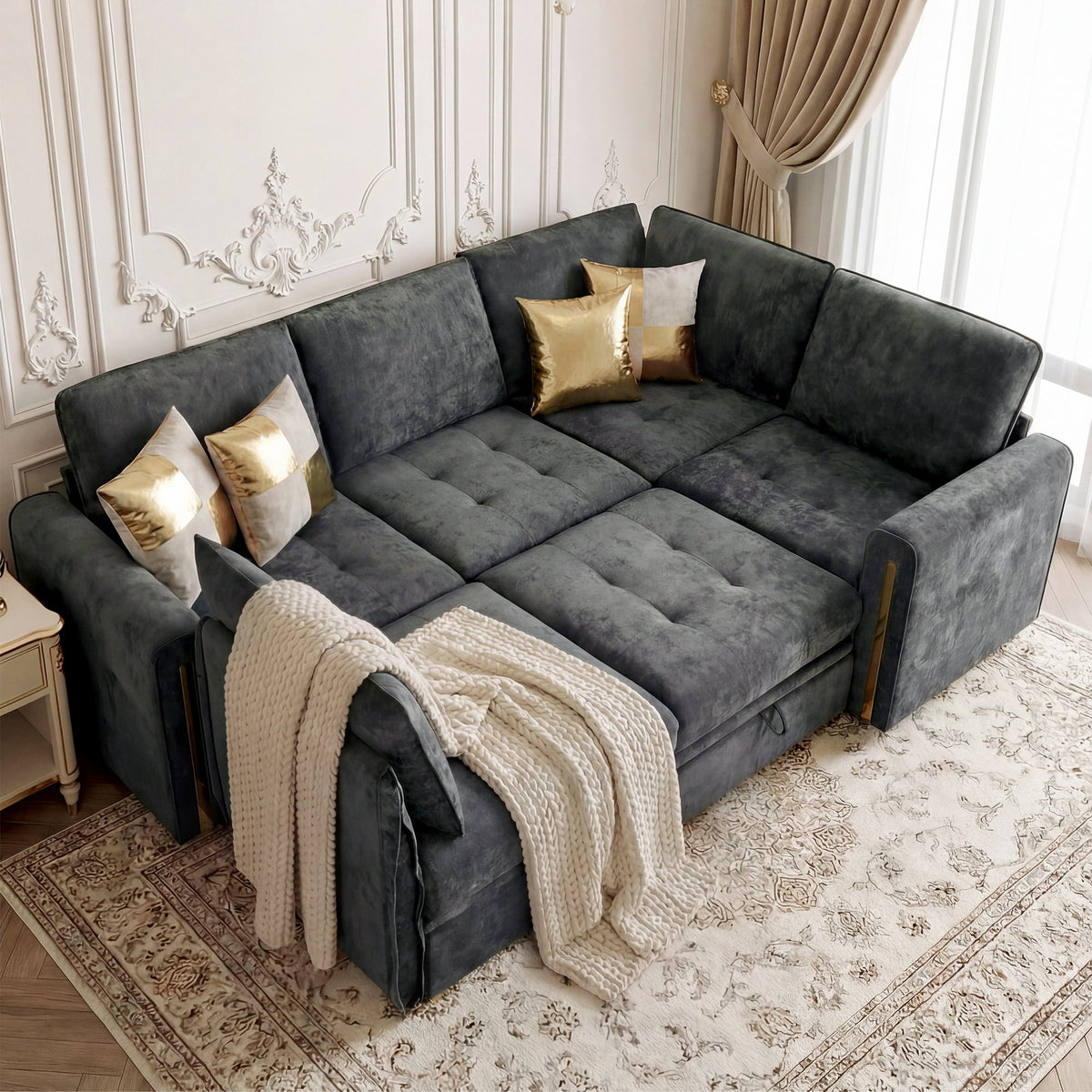Advwin 126" U-Shaped Oversized Modular Sectional Sofa with Ottoman, Storage Under Each Seat & Gold Metal Accents, 5-Seater Modern Luxury Chenille Convertible Cloud Couch for Living Room, Dark Gray