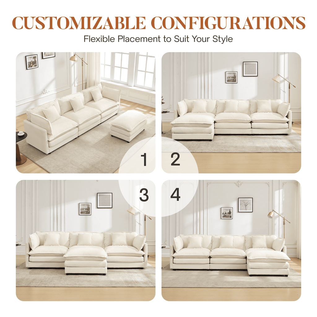 ATHOPE 112" Modular Sectional Sofa, L Shaped Cloud Couch with Movable Ottoman, Comfy Chenille Deep Seat Sofa with Throw Pillows, 3 Seat Modern Couches for Living Room Bedroom Apartment, Beige