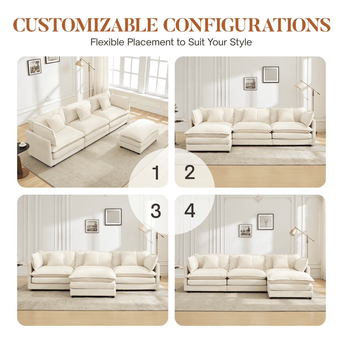 ATHOPE 112" Modular Sectional Sofa, L Shaped Cloud Couch with Movable Ottoman, Comfy Chenille Deep Seat Sofa with Throw Pillows, 3 Seat Modern Couches for Living Room Bedroom Apartment, Beige