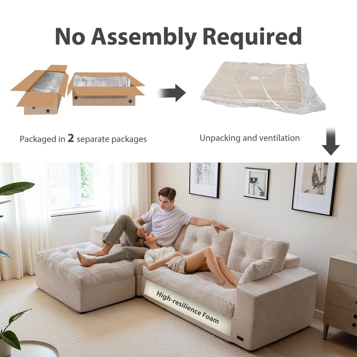 BYBYME 104"Oversized L-Shaped Sectional Sofa Cloud Boneless Modular Couch,Upholstered Sofa with Convertible Left/Right Ottoman for Living Room Bedroom,No Assembly,Beige