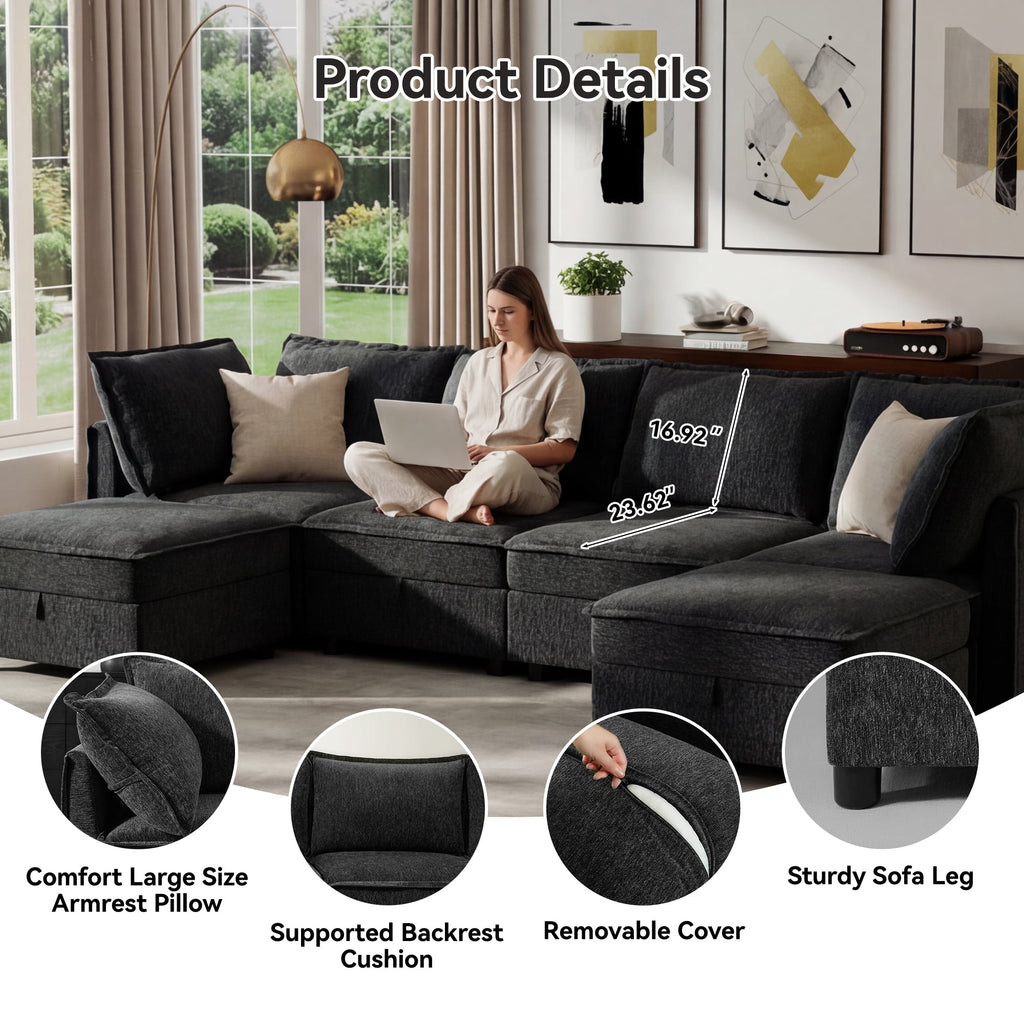  126" Modular Sectional Sofa with Storage, U-Shaped Modern Sleeper Sofa Couch with Movable Ottomans for Living Room, Office, Dark Gray