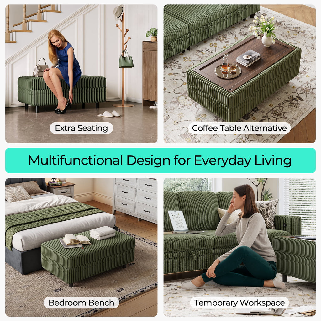  6 Seaterss Sectional Couches for Living Room, Sleeper Sofa Bed with Storage Seat, Pull Out Couch Bed with Ottoman, Dark Green