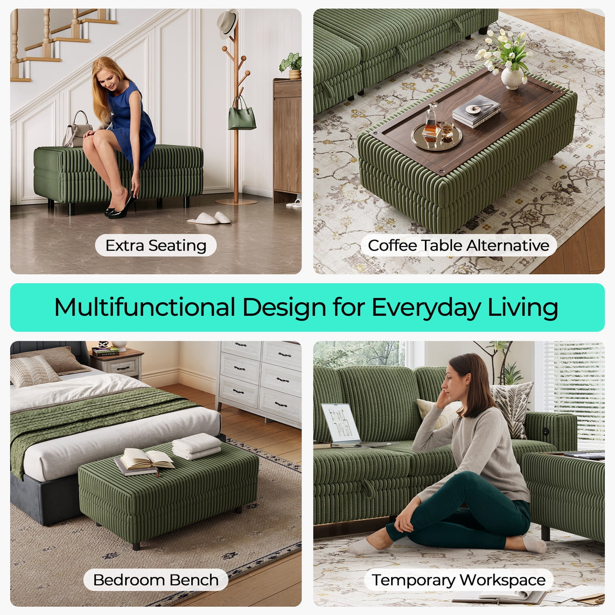  6 Seaterss Sectional Couches for Living Room, Sleeper Sofa Bed with Storage Seat, Pull Out Couch Bed with Ottoman, Dark Green