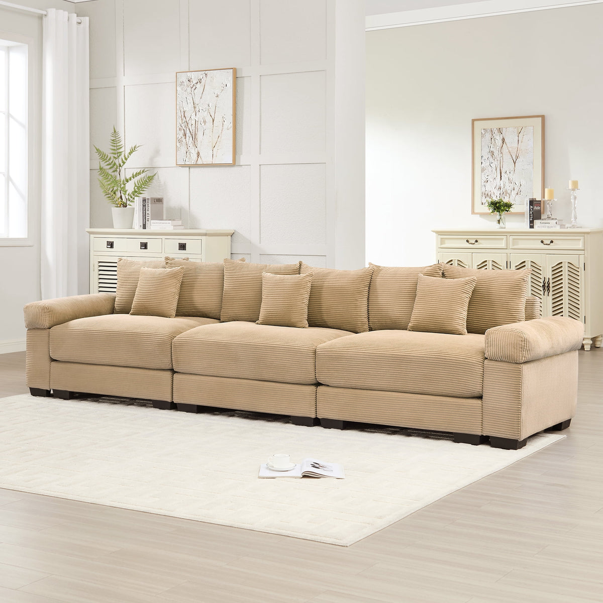 FFH 130" Oversized Modular Cloud Sofa, Cloud Sectional Couch for Living Room, 3 Seater Corduroy Sofa with Deep Seat, Easy Assembly, Camel