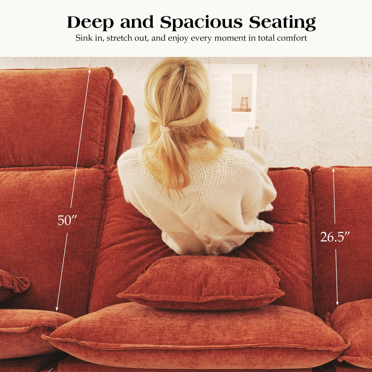 CDCASA Oversized Modular Sectional Sofa, 3-Seat U Shaped Cloud Couch with Movable Ottoman, Deep Seat Modern Sofa, 120" Sectional Couches for Living Room, Orange
