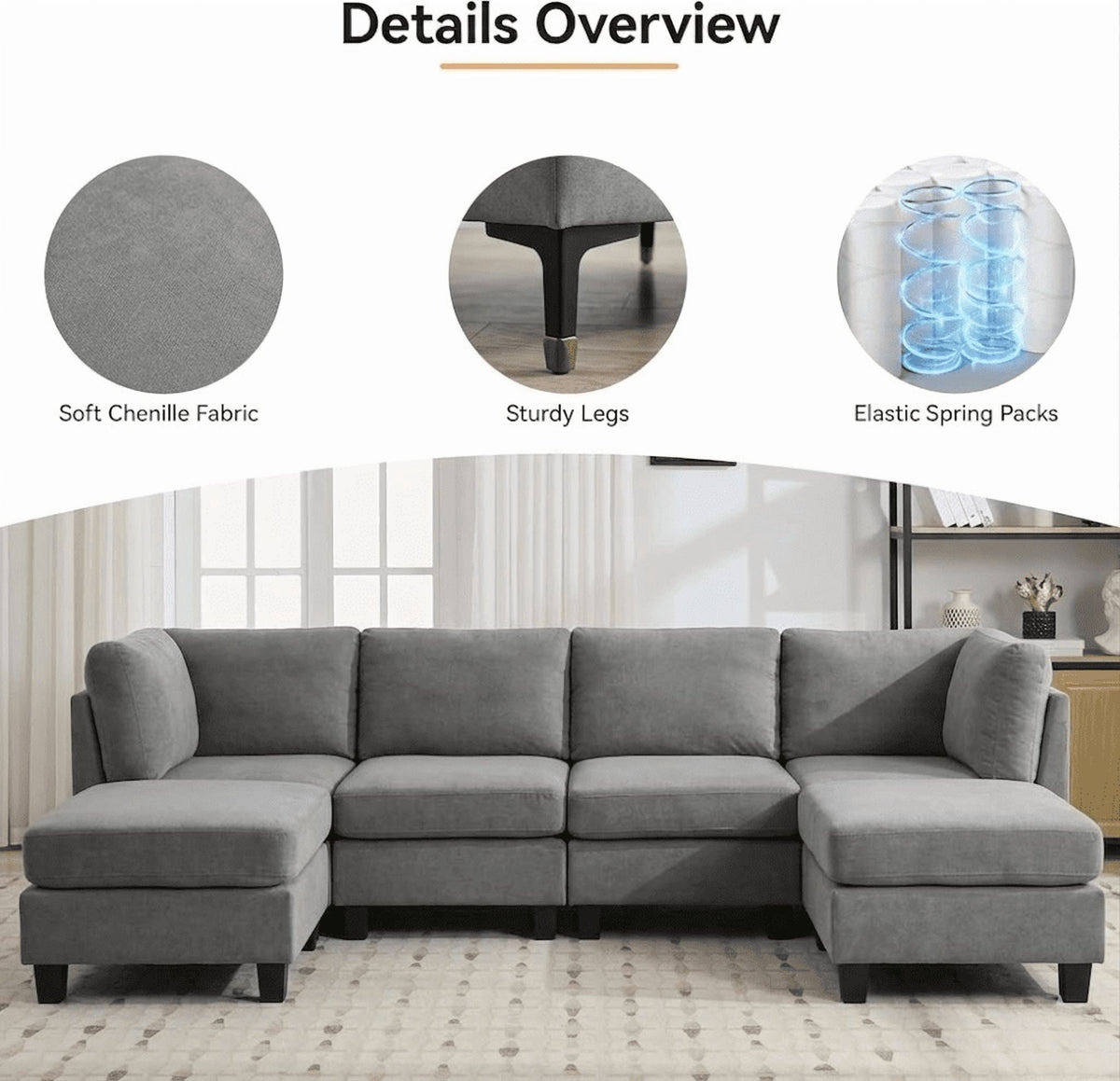  120" Modular Sectional Sofa U Shaped Cloud Couch with 2 Movable Ottomans, 6 Seat Polyester Sofa with Washable Removable Covers for Living Room, Dark Grey