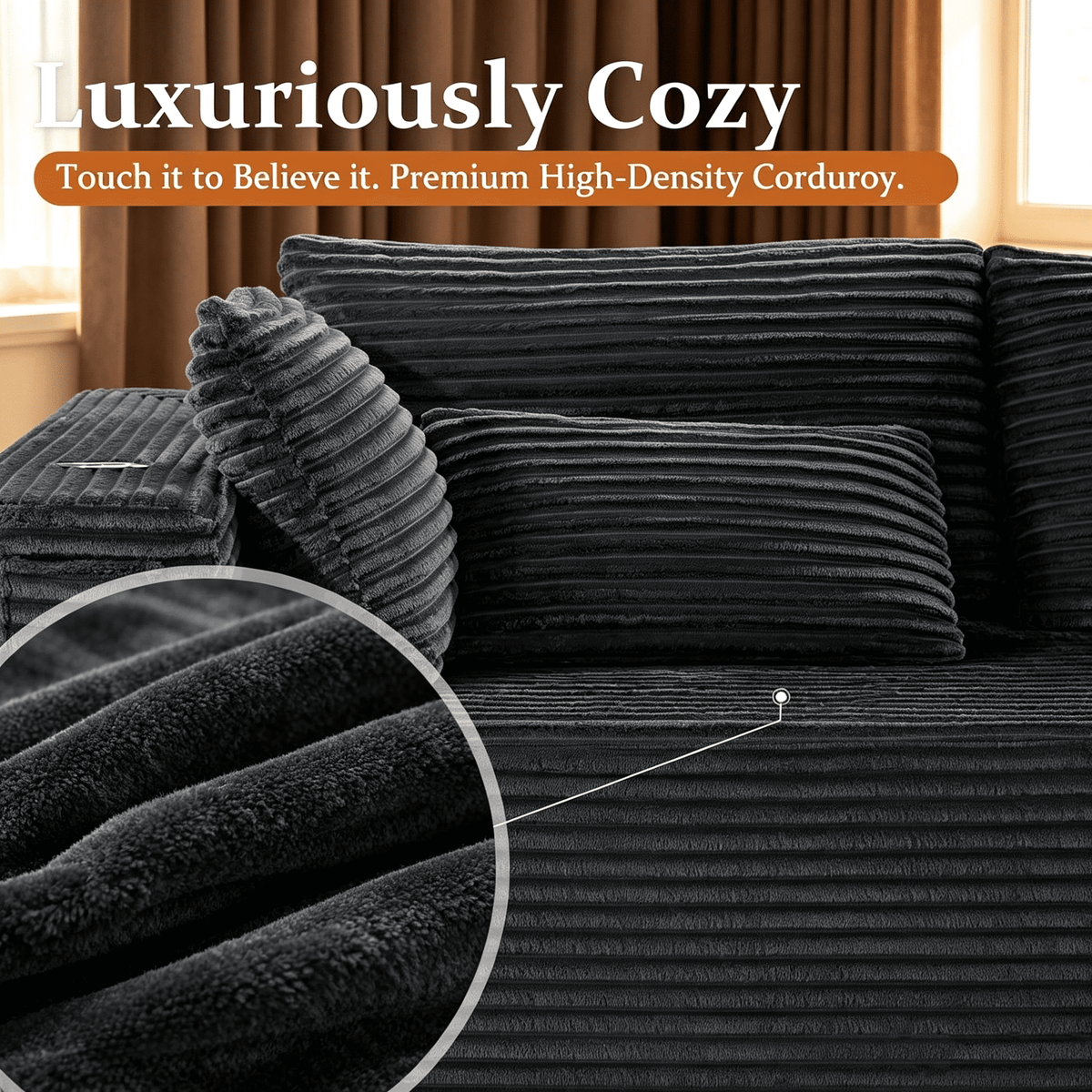Rwcoet 108"Modular Cloud Sectional Sofa with Chaise,Extra Deep Seat Corduroy Couch,Memory Foam,No Assembly,Living Room & Apartment,Black