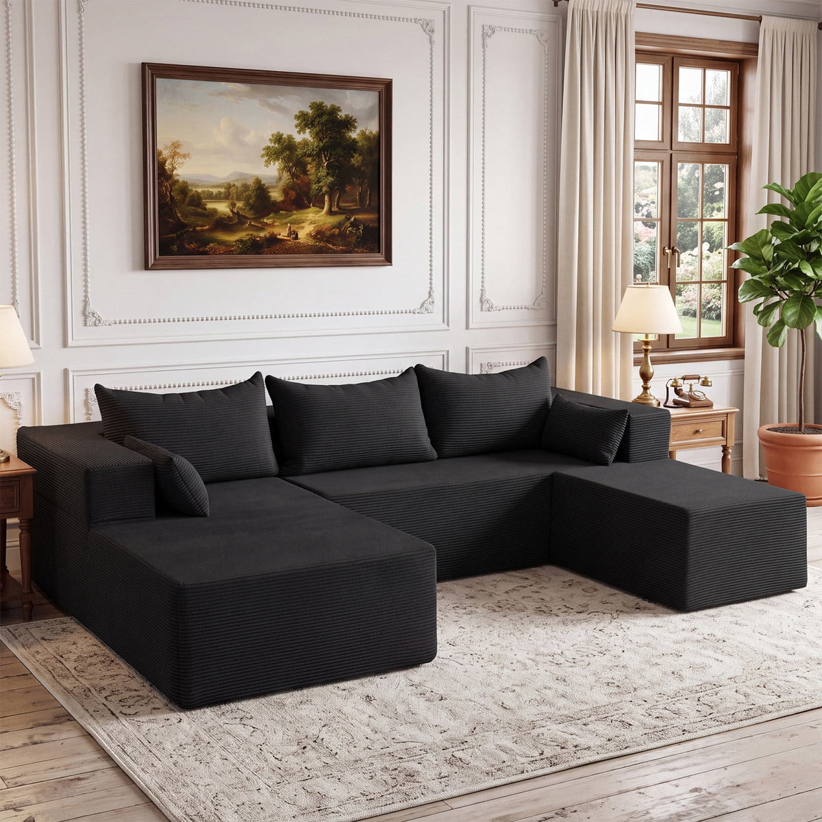  106" Cloud Sectional Boneless Couches for Living Room, Modular U Shaped Couch with Deep Seat, Removable Ottoman, Memory Foam Compressed 4 Seater Sofa for Bedroom Apartment, Black