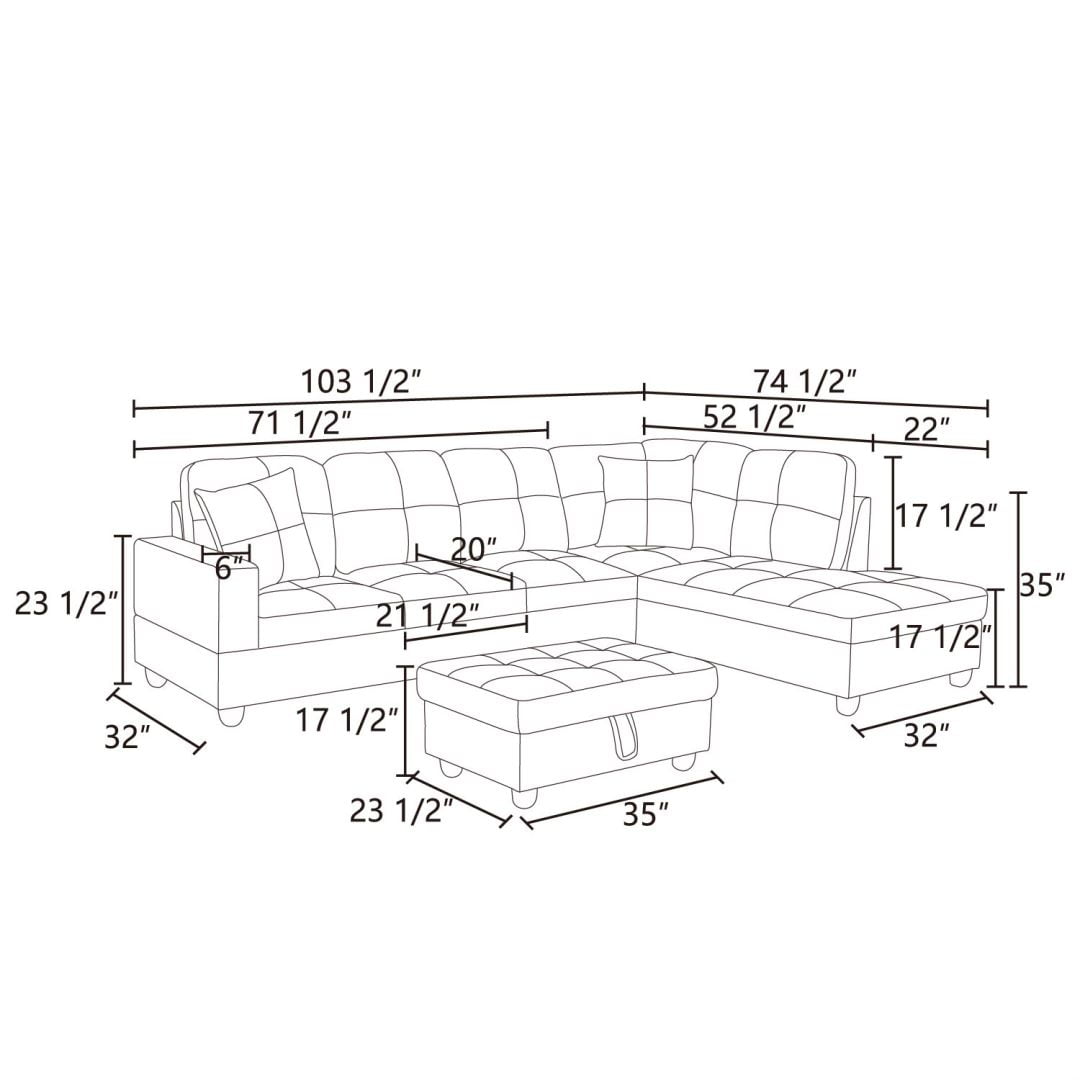 Hommoo Couch Sofa Set, Modern L-Shaped Sofa for Living Room, Flannel Sectional Sofa Set for Apartment, Off-White(Without Ottoman)