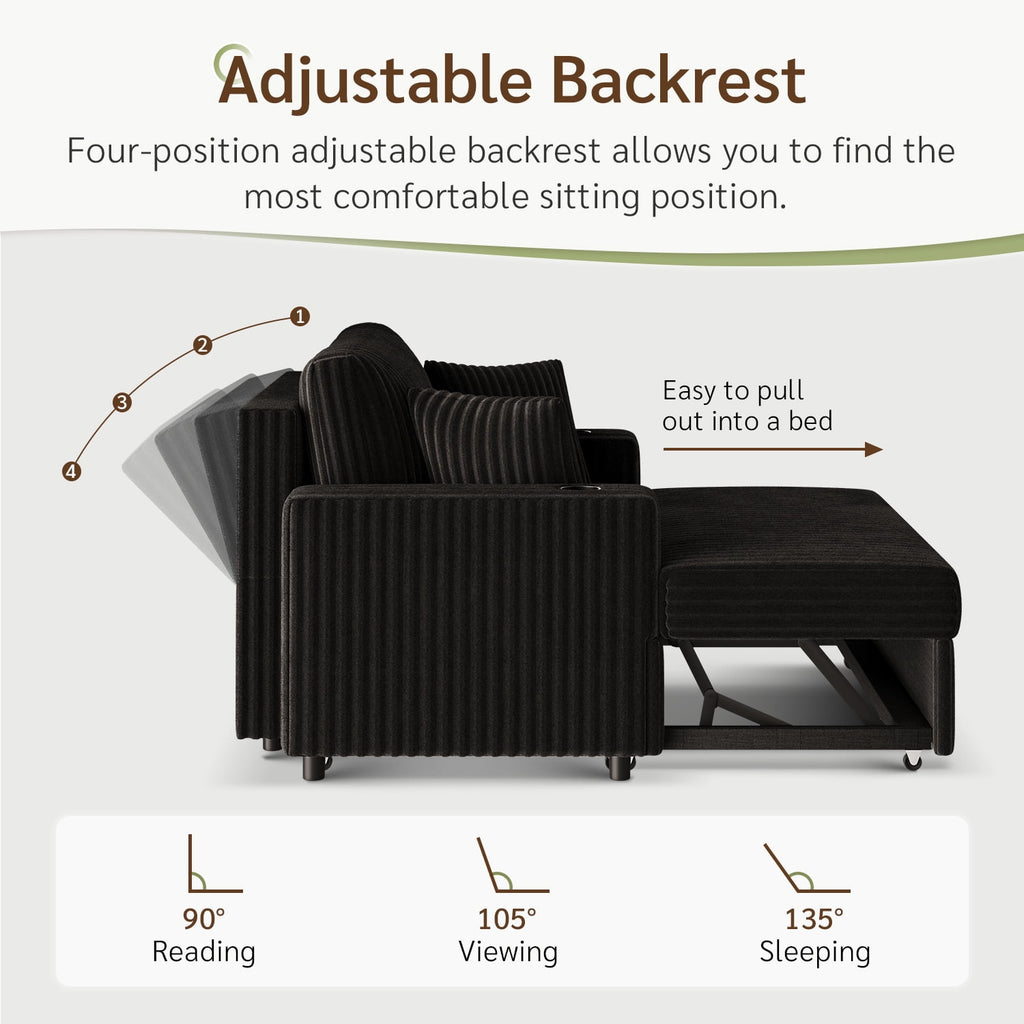 Marrber Black 52? 3-in-1 Convertible Pull-Out Sofa Bed Sleeper Loveseat with Reclining Backrest, Built-in Cup Holders, Pet-Friendly Corduroy Sofa for Small Space