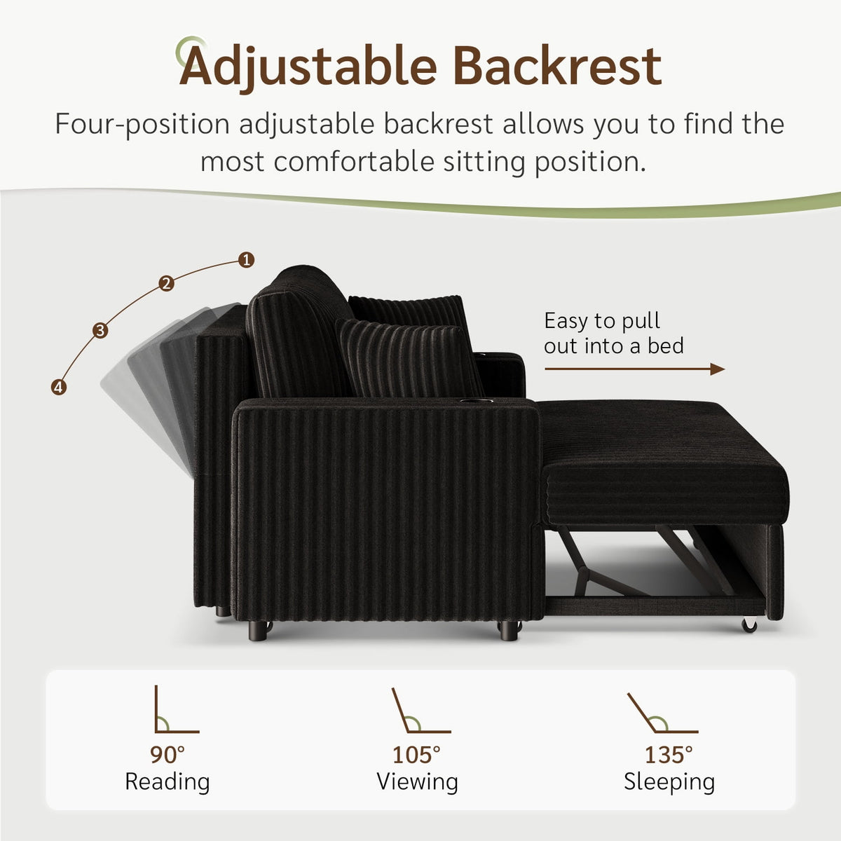 Marrber Black 52? 3-in-1 Convertible Pull-Out Sofa Bed Sleeper Loveseat with Reclining Backrest, Built-in Cup Holders, Pet-Friendly Corduroy Sofa for Small Space