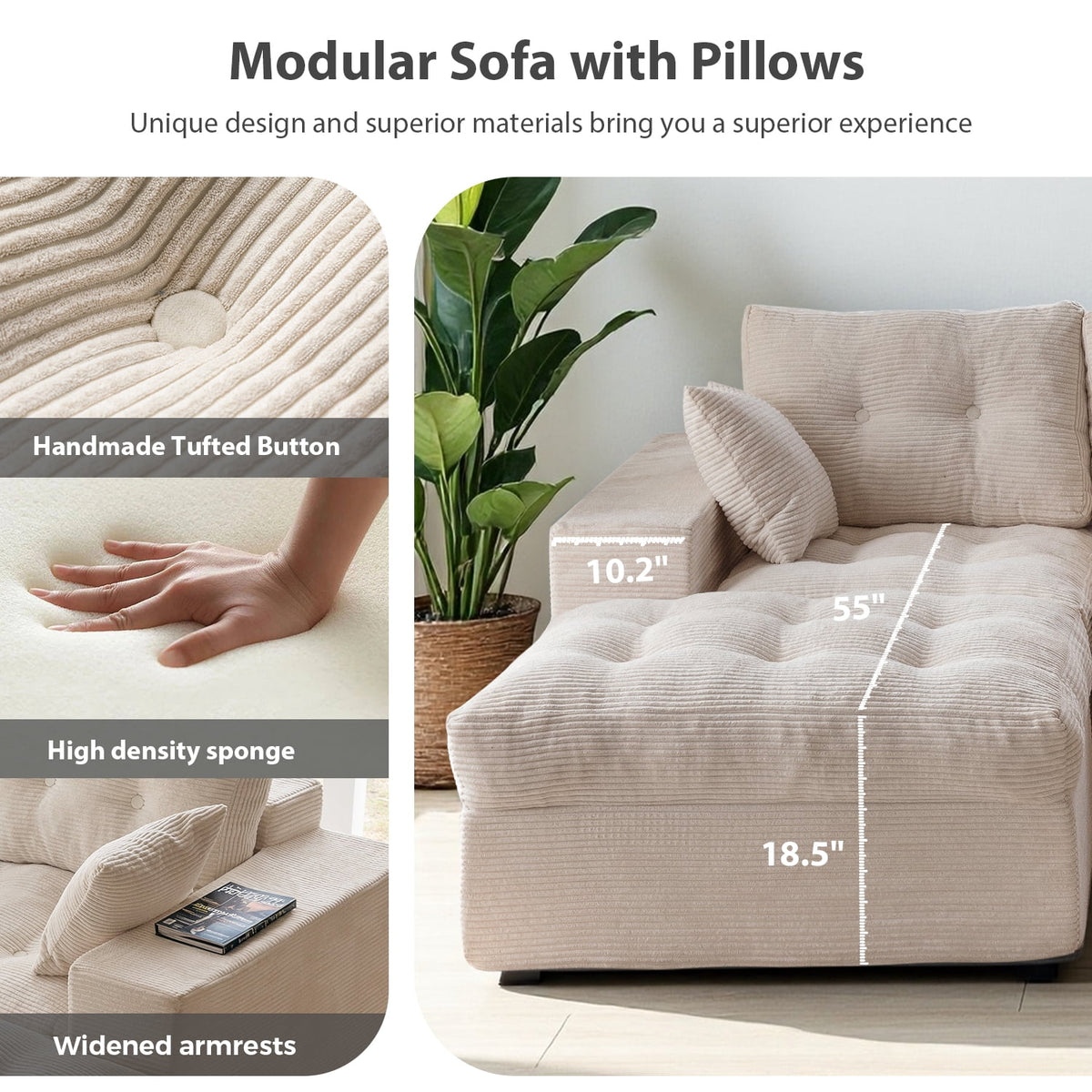 BYBYME 104"Oversized L-Shaped Sectional Sofa Cloud Boneless Modular Couch,Upholstered Sofa with Convertible Left/Right Ottoman for Living Room Bedroom,No Assembly,Beige