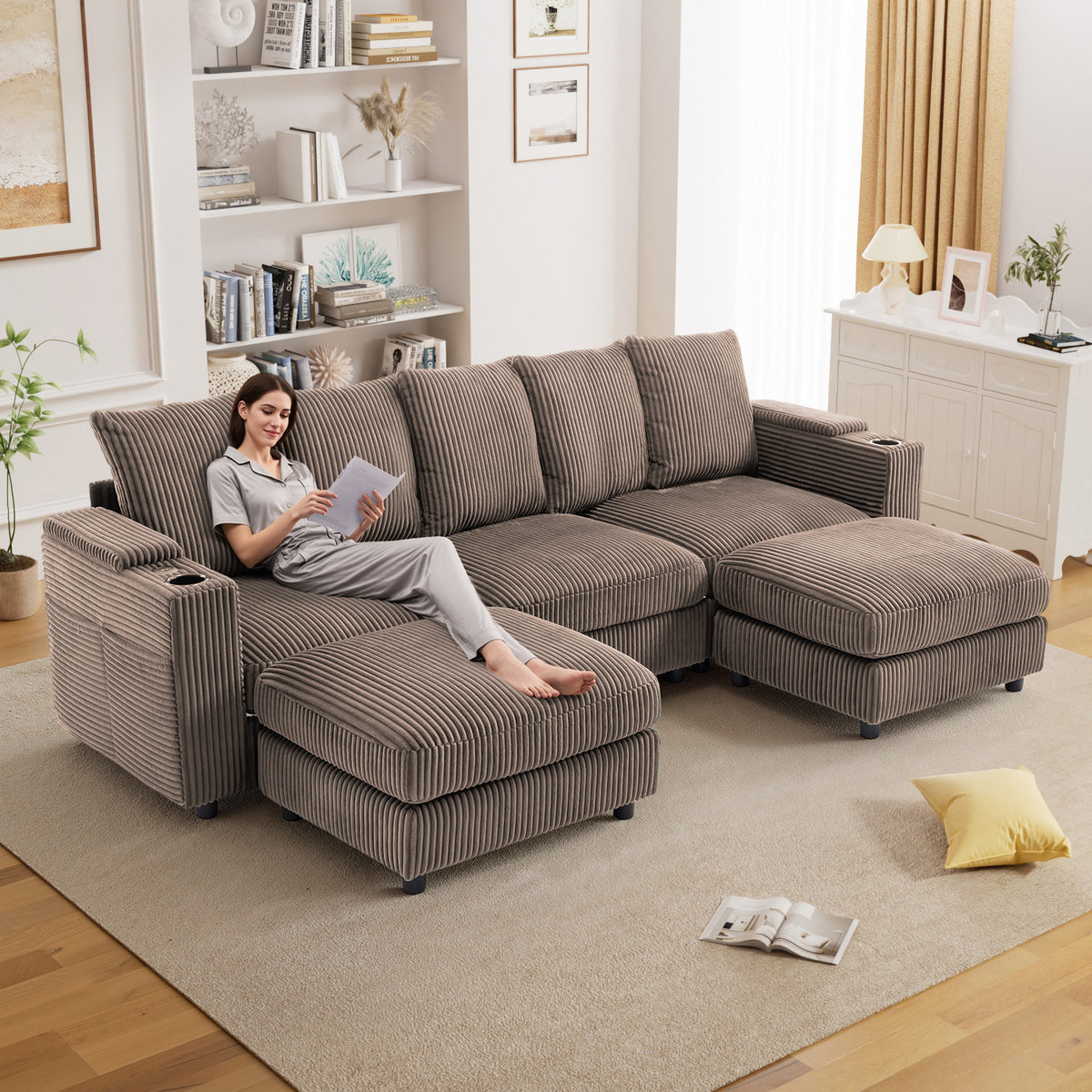 Wiilayok 110" Oversized U-Shaped Cloud Couch Sectional with Modular Design for Living Room: Comfy Corduroy, Ottoman, USB Port, Cup Holder, Armrest Storage, Side Pocket, Brown