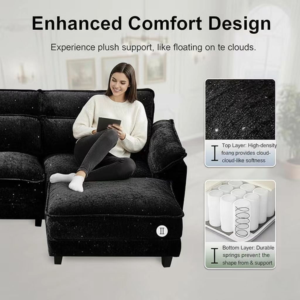  113" Modular Sectional Sofa, U-Shaped 3 Seater Cloud Couch with Movable Ottoman, Deep Seat Chenille Sofa with USB Charging Ports & Side Pockets for Living Room, Black