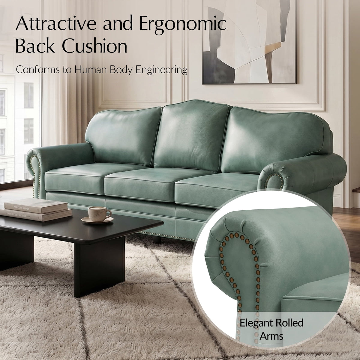 Genuine Leather 3 Seater Sofa with Rolled Arms Nailhead Trims Solid Wooden Legs Living Room Reading Sage