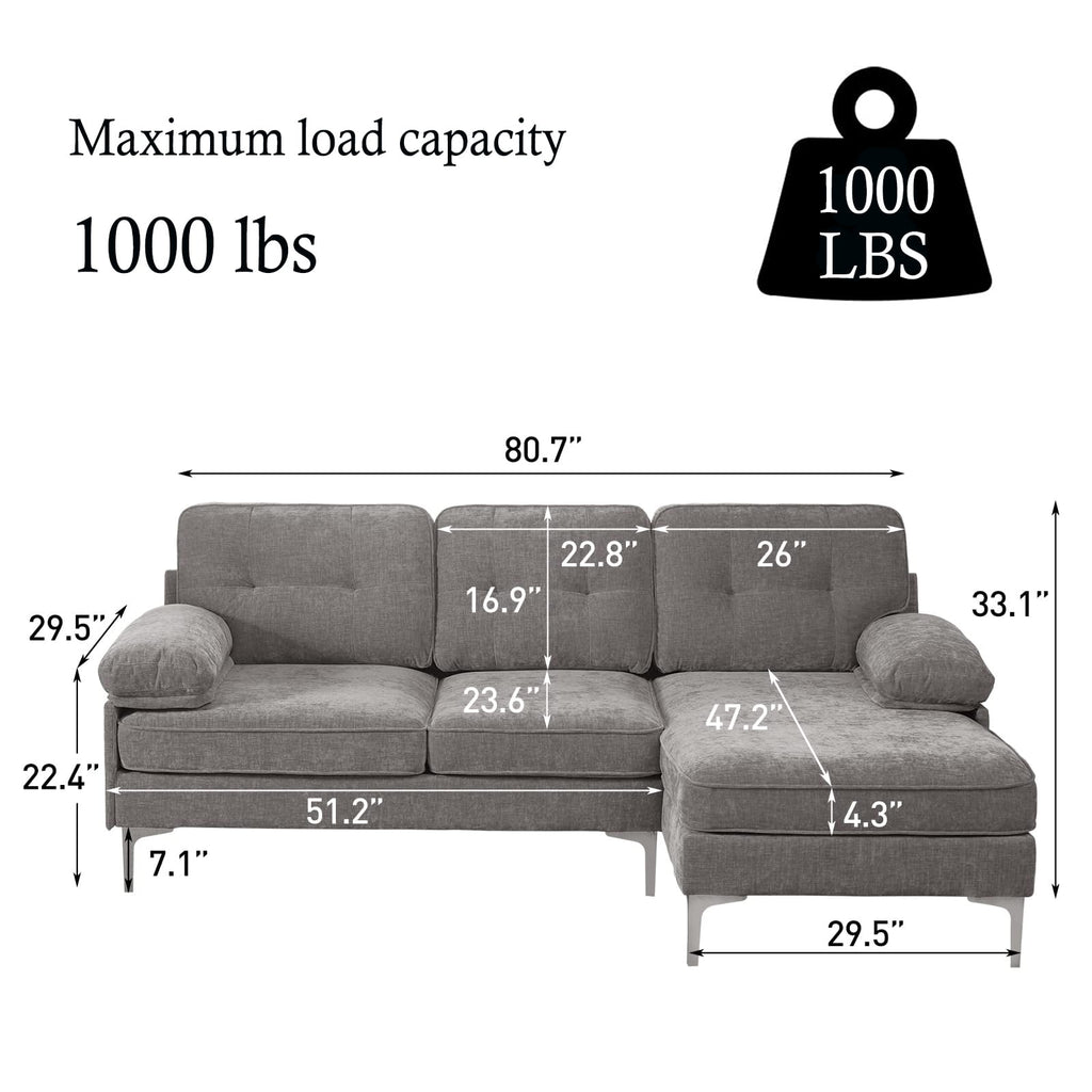 INGALIK Convertible Sectional Sofa Couch, L-Shaped Couch with Reversible Chaise Lounge, Chenille Fabric Modern Sofa for Living Room, Apartment, Office, 3 Seats, Gray