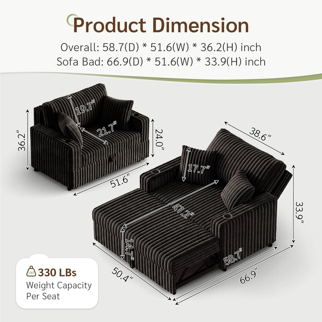 Marrber Black 52? 3-in-1 Convertible Pull-Out Sofa Bed Sleeper Loveseat with Reclining Backrest, Built-in Cup Holders, Pet-Friendly Corduroy Sofa for Small Space