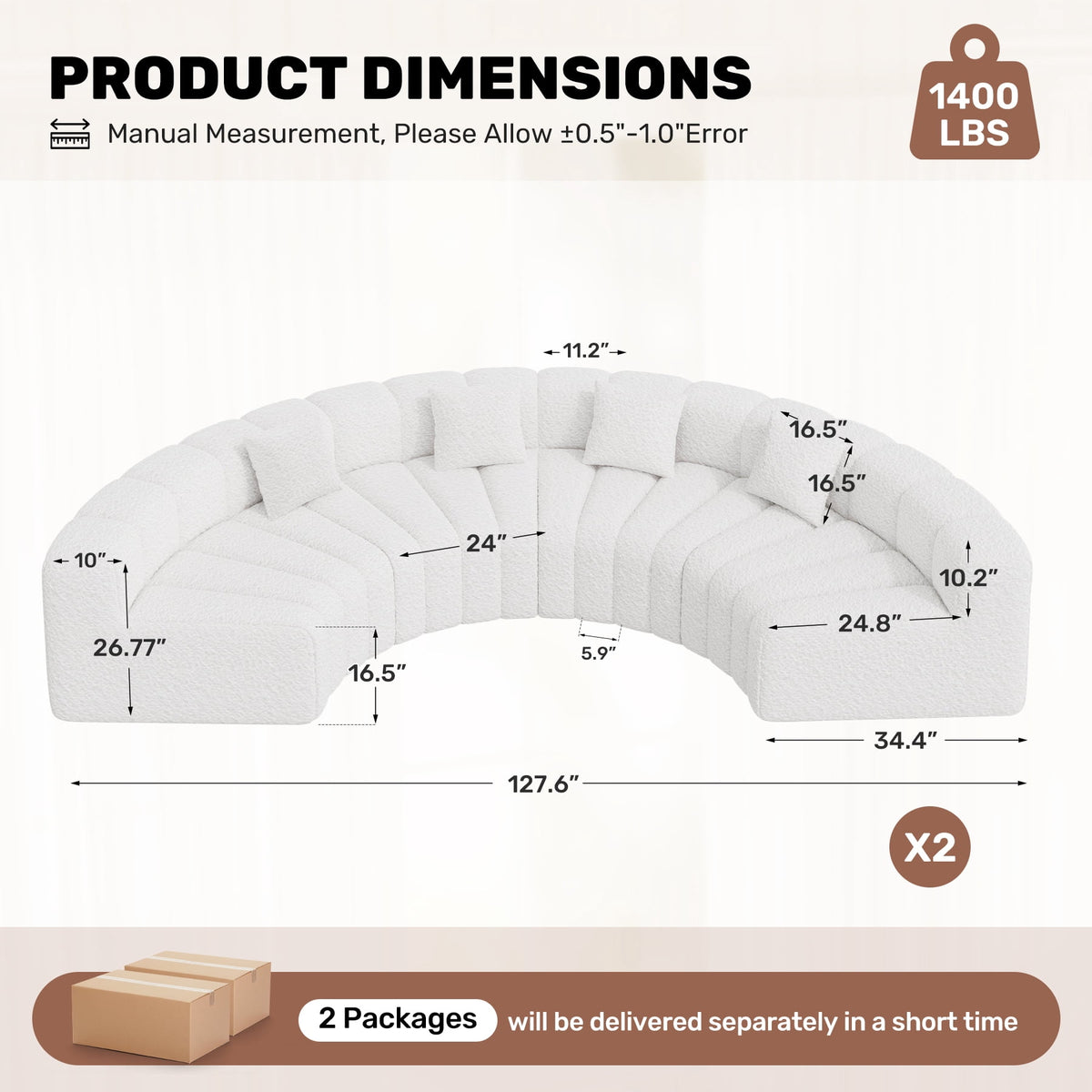 Daluvenix Oversized Round Sectional Sofa, 8 Seater Modern Curved Velvet Modular Couch, Boneless Cloud Sofa for Living Room, No Assembly Required, White