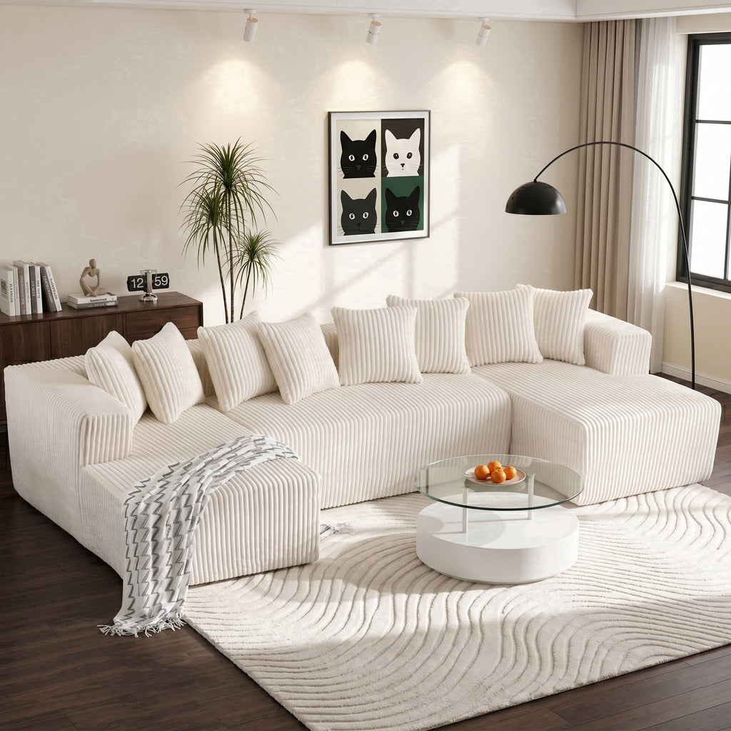  130" Boneless Couch, Modern Couches for Living Room, U-Shaped 4-Seat Modular Sofa with Chaise, Oversized, No Assembly, White