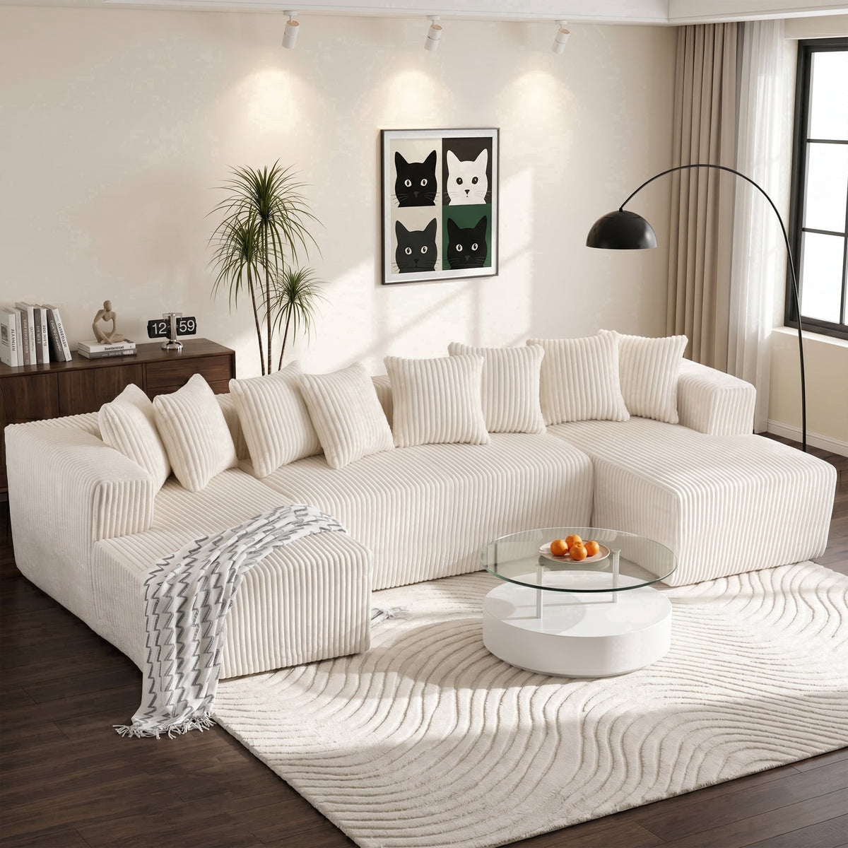  130" Boneless Couch, Modern Couches for Living Room, U-Shaped 4-Seat Modular Sofa with Chaise, Oversized, No Assembly, White