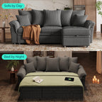  90.5" Sectional Sleeper Sofa With Pull Out Bed, Storage Chaise & USB Charging, Pull Out Couch with Side Pocket & Two Pillows for Living Room, Corduroy Grey