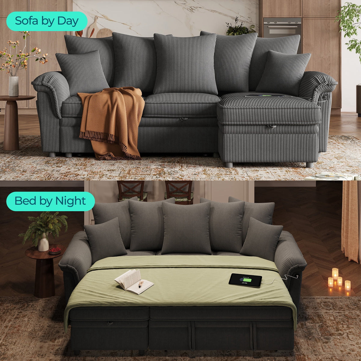  90.5" Sectional Sleeper Sofa With Pull Out Bed, Storage Chaise & USB Charging, Pull Out Couch with Side Pocket & Two Pillows for Living Room, Corduroy Grey