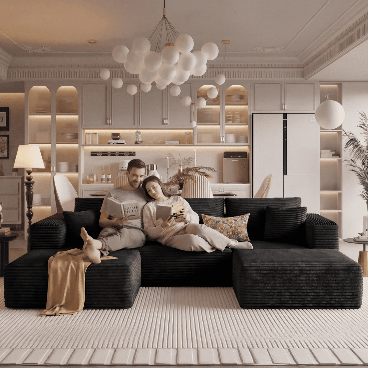 Pionex 108" Sectional Couch with Ottoman, Cloud Modular Boneless Couch, Deep Seat U-Shaped Sofa, Upholstered 3-Seater Sofas for Living Room, No Assembly Required