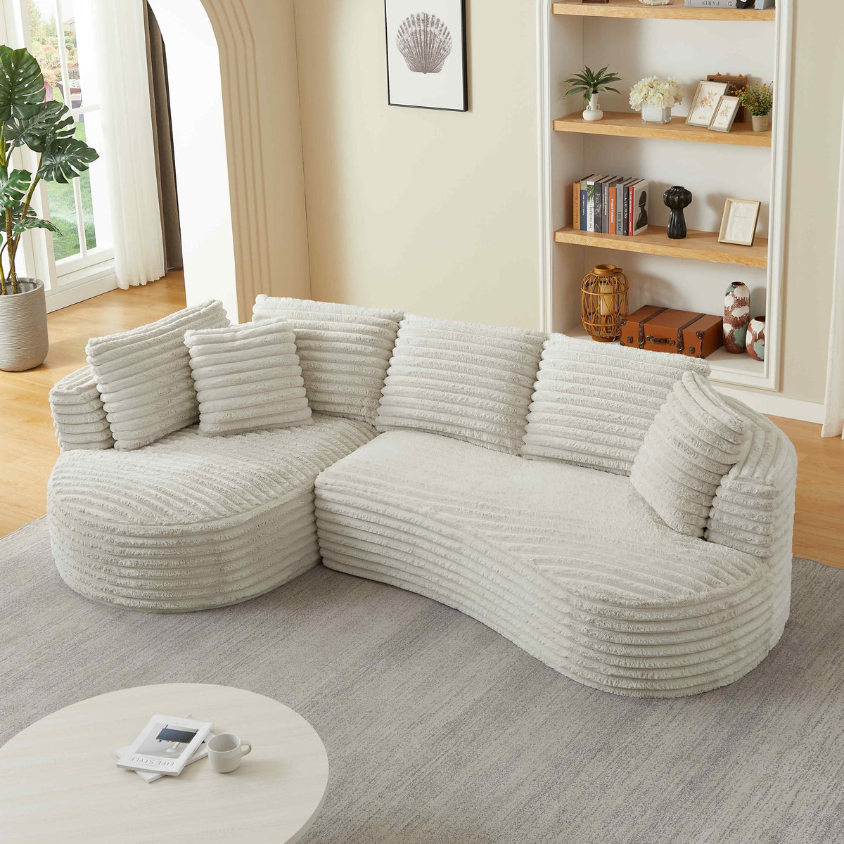 FFH 121" Modular Sectional Sofa, Oversized L-Shape Cloud Couch, Corduroy Curved Sofa for Living Room, Cream, Left Facing Chaise
