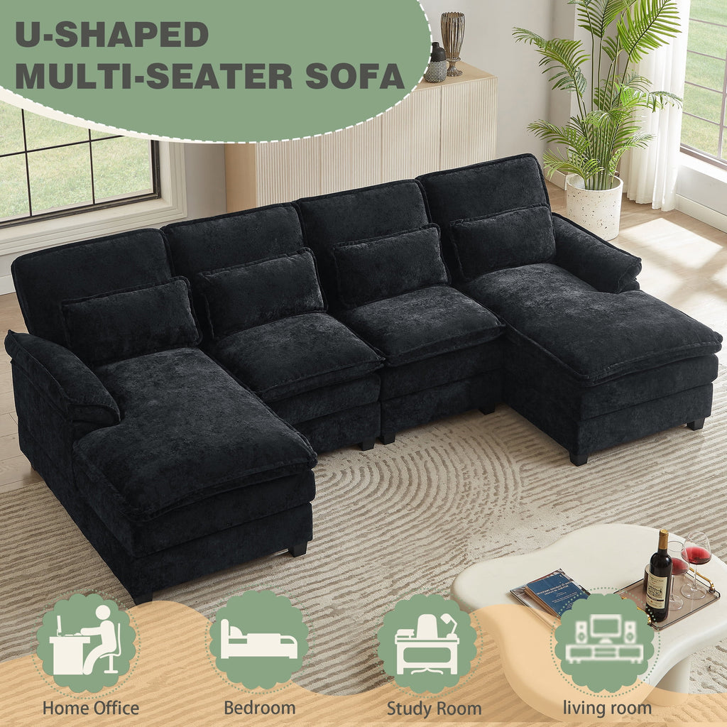  113" Sectional Sofa Oversized U Shaped Couch with Double Chaise,Cloud Couch with 4 Waist Pillows,Modern Linen Seating Furniture for Living Room Office Studio Apartment,Black