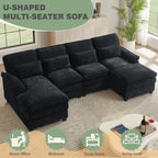  113" Sectional Sofa Oversized U Shaped Couch with Double Chaise,Cloud Couch with 4 Waist Pillows,Modern Linen Seating Furniture for Living Room Office Studio Apartment,Black