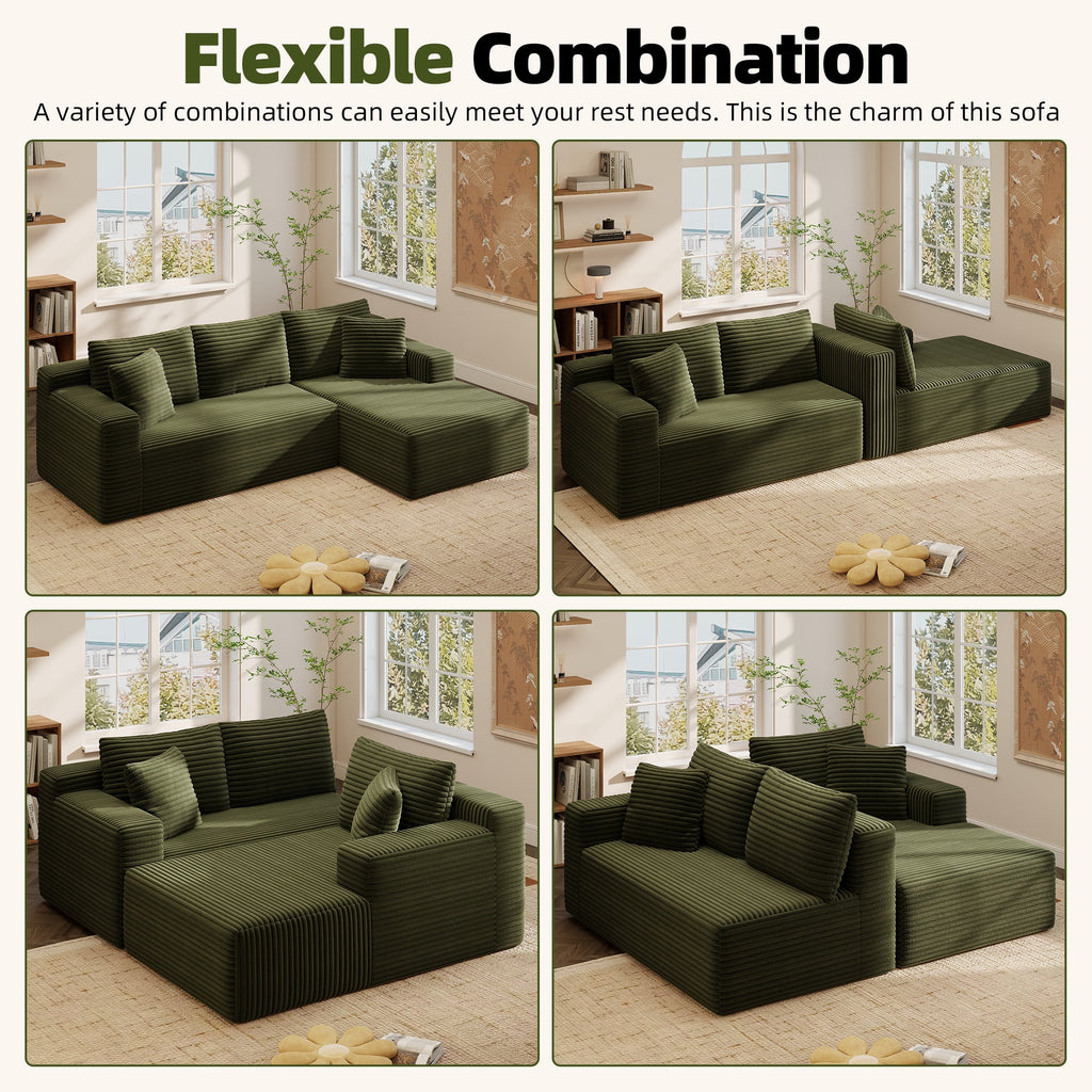 AENKYO 96" Cloud Modular Sectional Sofa with L-Shape Chaise, Deep Seat Corduroy Upholstered Couch, No Assembly Required, Green