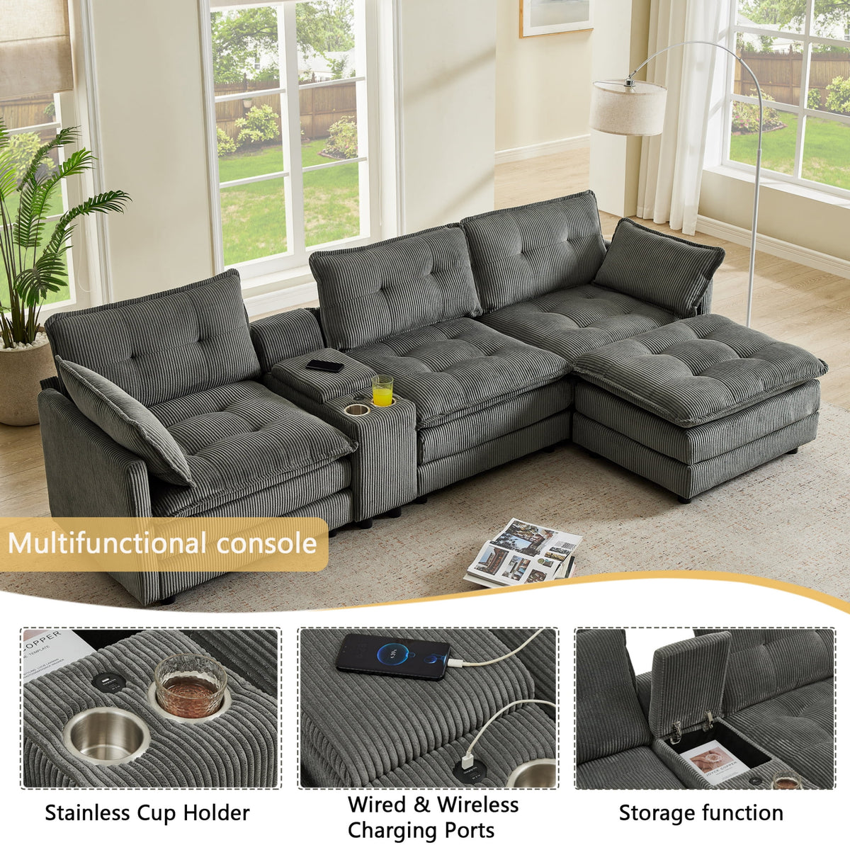 Anpport 119" L-Shaped Modular Sectional Sofa with Removable Ottoman for Living Room, Corduroy, Dark Gray