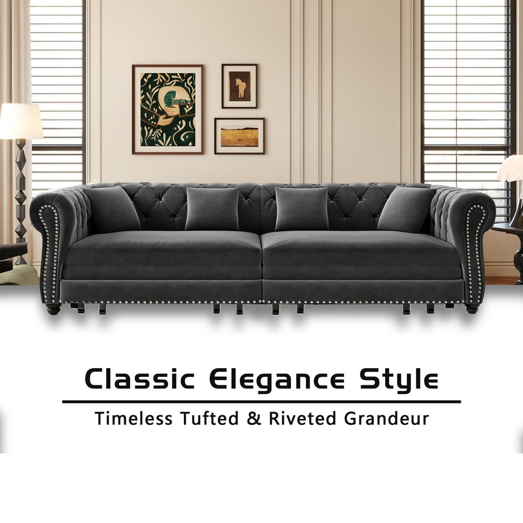 89'' Pull Out Sofa Bed King, Chesterfield Velvet Sleeper Sofa, Convertible L-Shaped Futon Couch, Tufted Back, 4 Pillows, Ottoman, Deep Seat Loveseat Couches for Living Room, Apartment, Gray