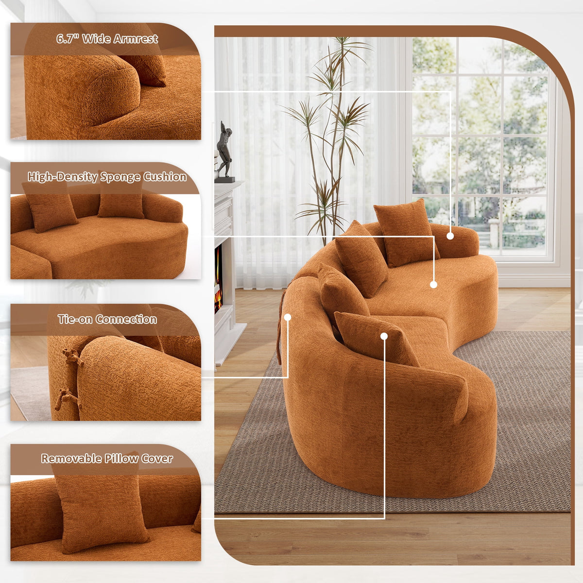 Timbernest 110" Curved Modular Sectional Sofa, 4 Seater Chenille Boneless Couch for Living Room, Playroom, Orange