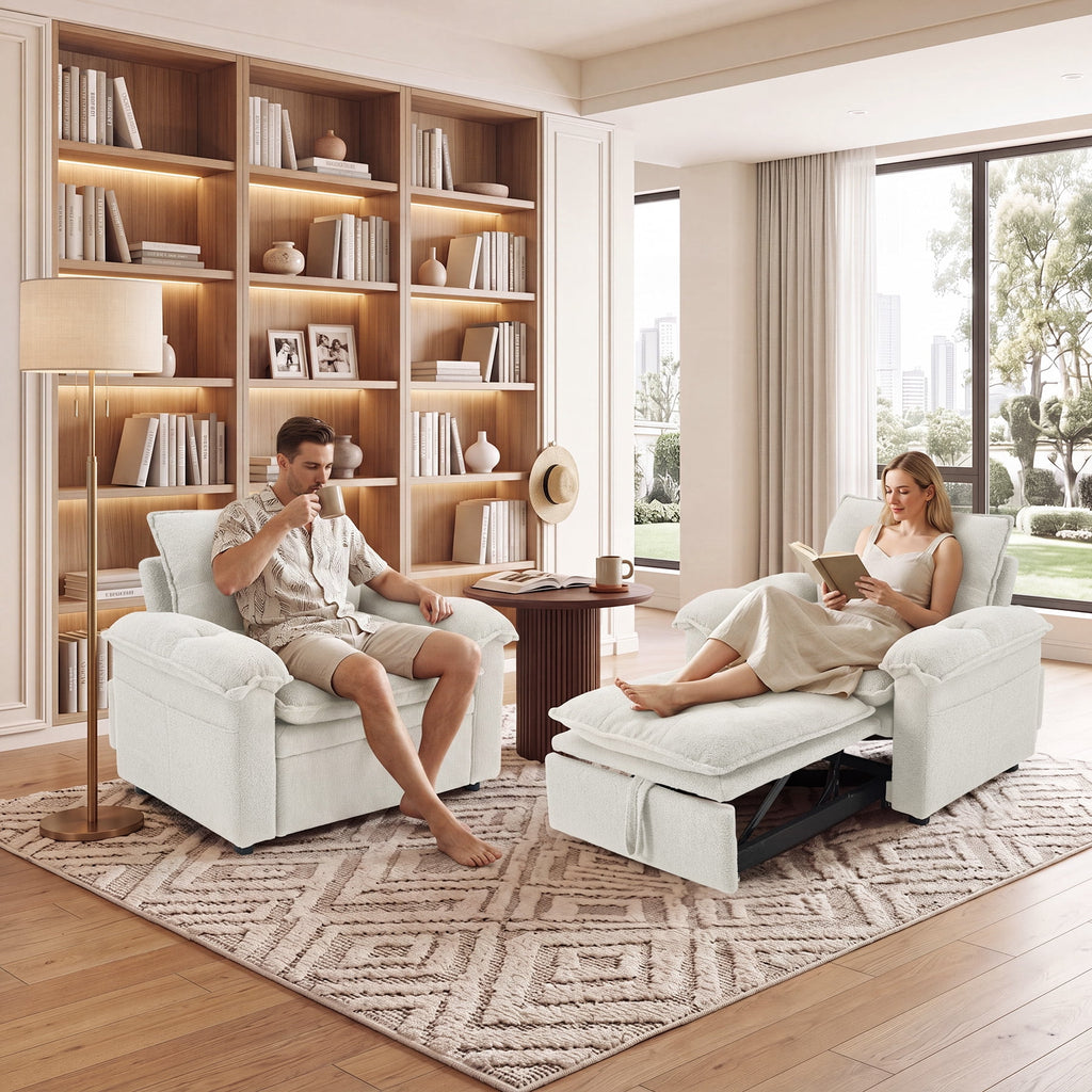  Set of 2 3-in-1 Pull Out Sofa Bed Chairs, Soft Fabric Convertible Design with Side Storage, White
