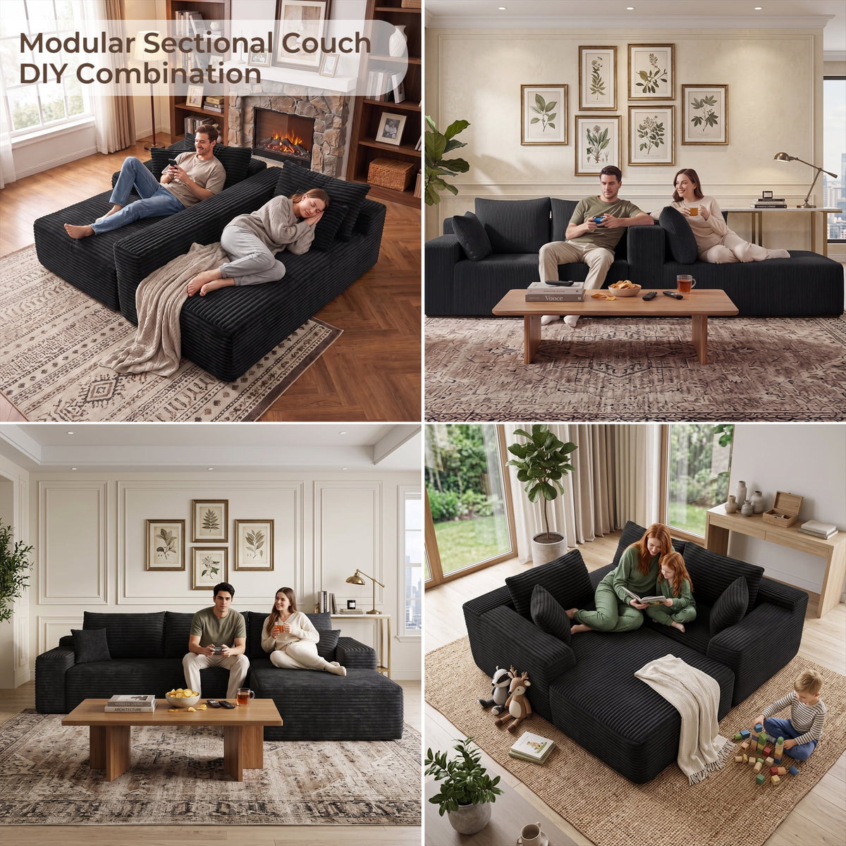 CKEASEAN 135" Corduroy Oversized U Shaped Modular Cloud Couch Sectional, Boneless Sectional Sofa with Left Facing Chaise & Ottoman, Compressed Boneless Couch for Living Room, No Assembly Required