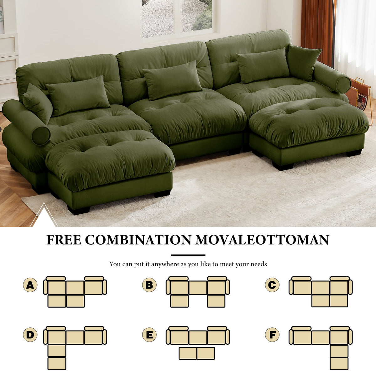 130"Oversized Couch, 3 Seater Modular Sectional Sofa, Olive Green Large U Shaped Sectional Couches for Living Room, Fluffy Couch Set, 3 Seater, Velvet Cloud Couch with Ottoman, Sofas for Living Room