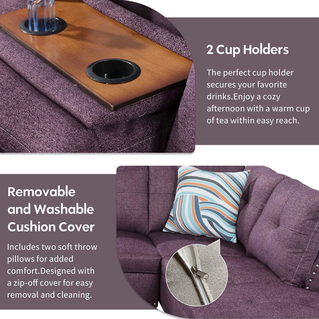  3 Piece Sectional Sofa, Living Room Couch with Storage Ottoman&Cup Holder, Linen, Left Hand, Purple