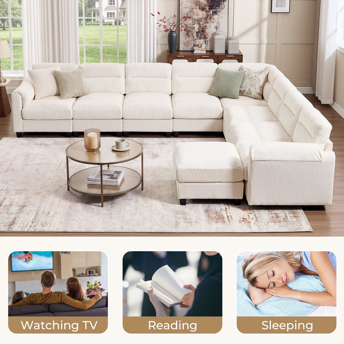  Convertible Sectional Sofa Modular Sofa with Ottoman, Freely Combinable Configurable Couch for Living Room Oat