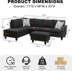  L Shaped Sectional Sofa, 4 Seater Couch with Chaise Lounge, Storage Ottoman, Cup Holders and Pillows, Modern Linen Fabric Couch for Living Room,Charcoal Gray