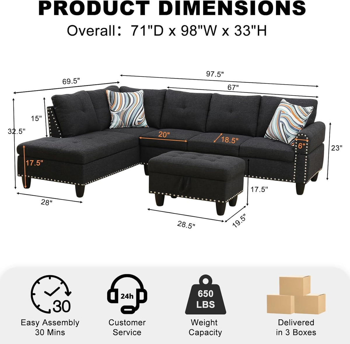  L Shaped Sectional Sofa, 4 Seater Couch with Chaise Lounge, Storage Ottoman, Cup Holders and Pillows, Modern Linen Fabric Couch for Living Room,Charcoal Gray