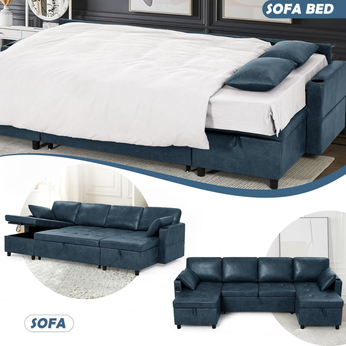 ACMEASE 108" Suede Leather Sectional Sofa w/Adjustable Backrests, Pull Out Sofa Bed w/USB Charger Port& Reversible Storage Chaise,Convertible U-Shaped Sofa with Cup Holders for Living Room,Blue