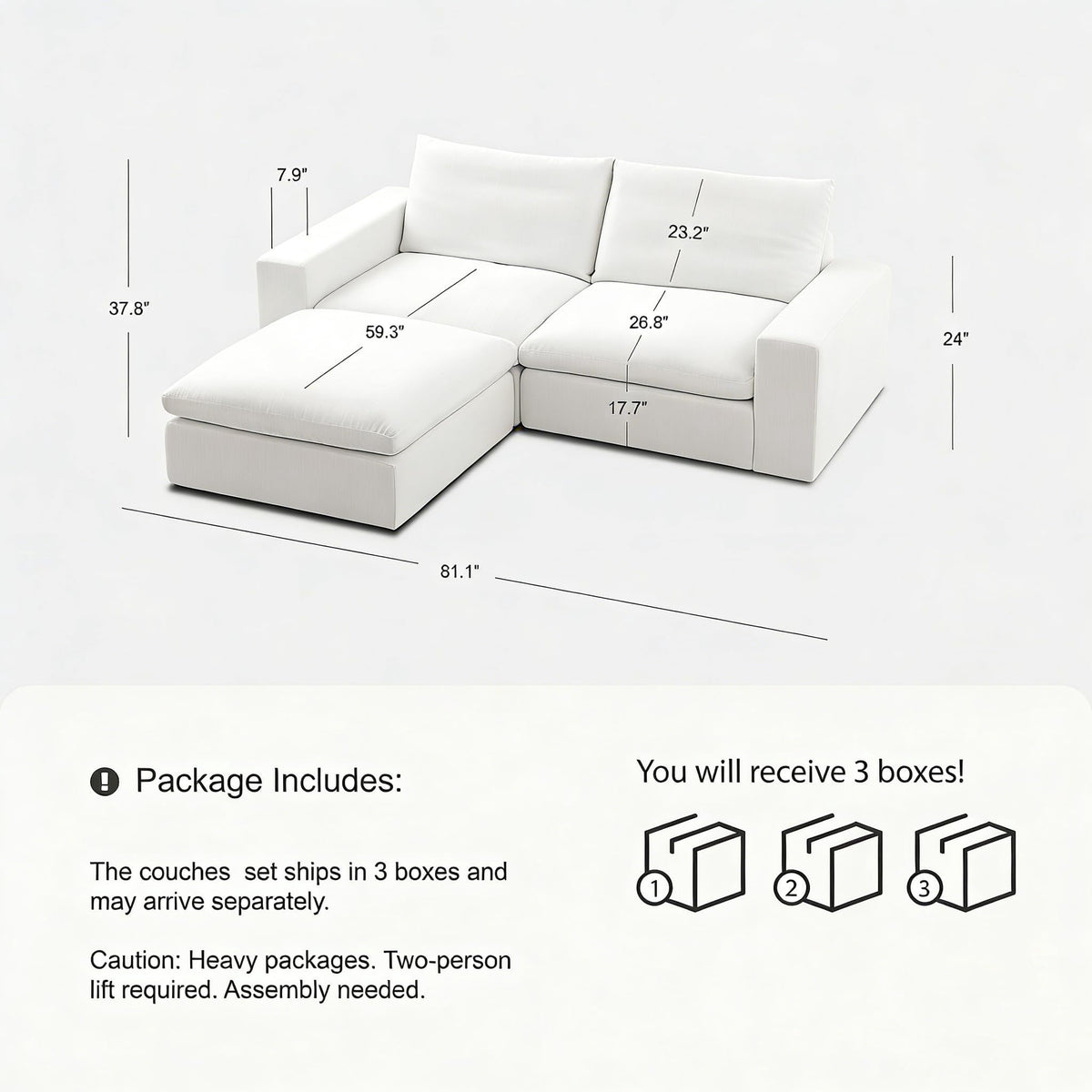 Vorthio 78.7" Cloud Couch Oversized Modular Sectional Sofa, Loveseat Sofa , Wide & Deep Seat Couches with Metal Frame for Living Room, 2 Seats & 1 ottoman,White