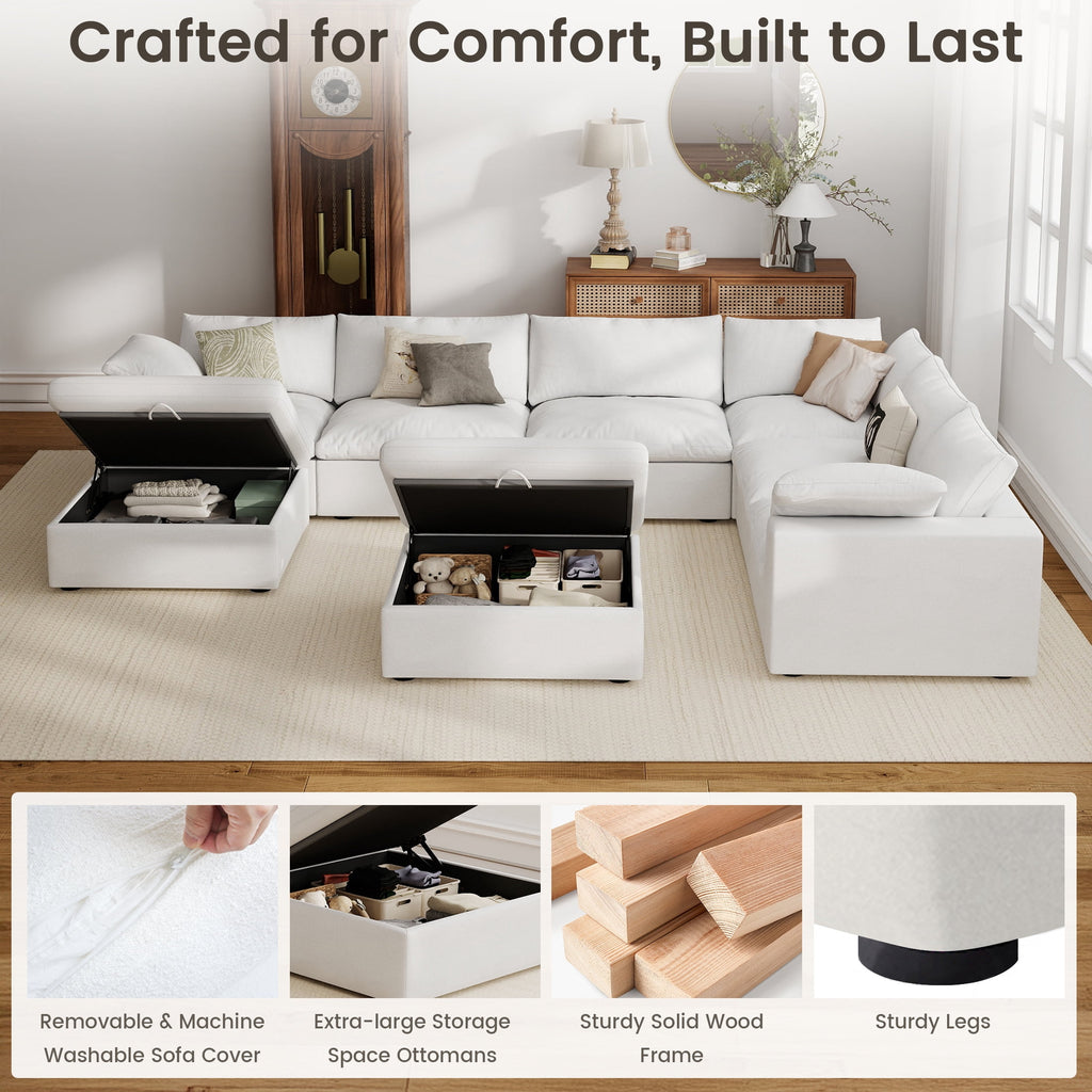 The Magic Home 118" Sofa Couch, Cloud Modular Sectional Sofa with Removable Storage Ottoman, L Shaped Linen Modern Comfy for Living Room, Apartment, Office, DIY Combination, 3 Seater White Couch