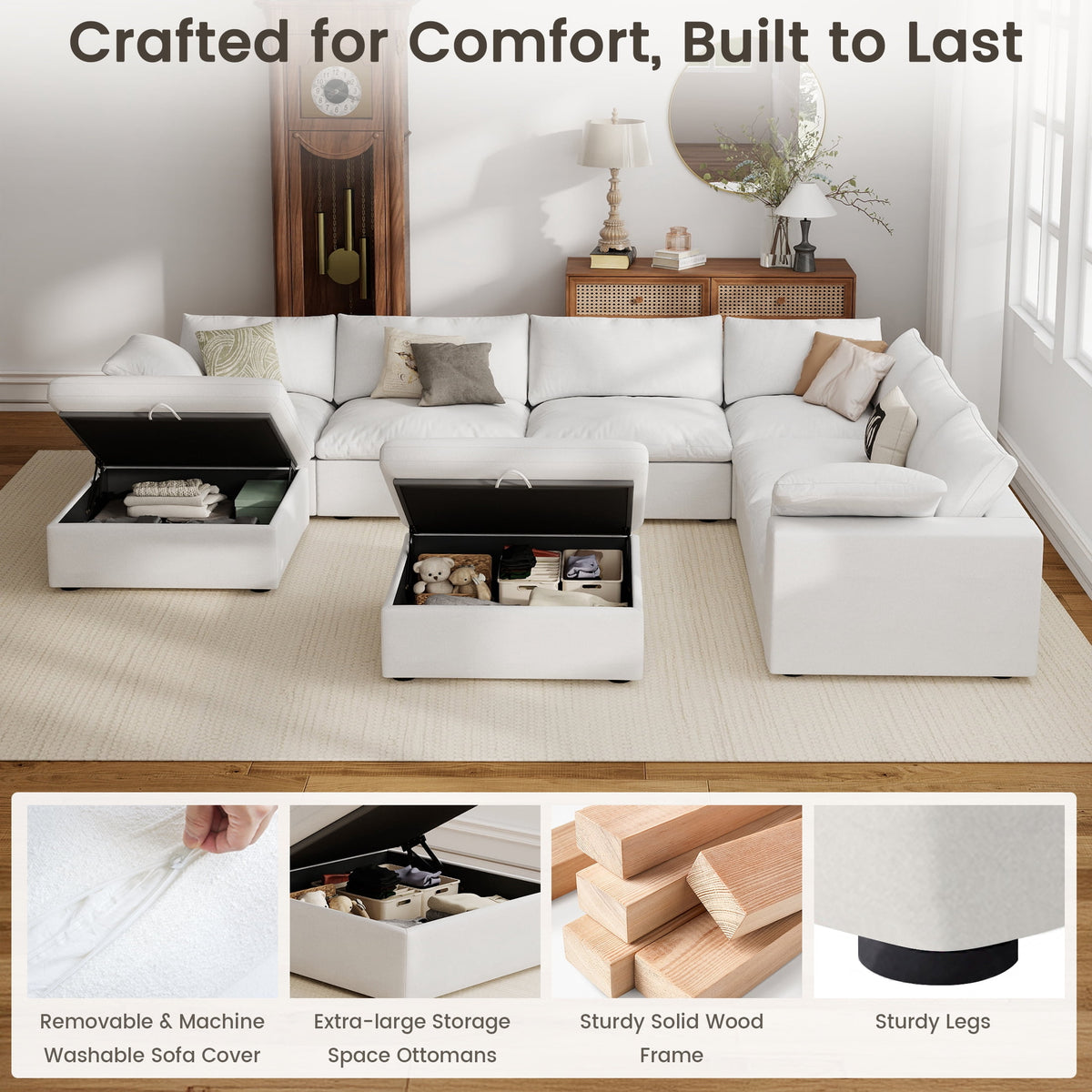 The Magic Home 118" Sofa Couch, Cloud Modular Sectional Sofa with Removable Storage Ottoman, L Shaped Linen Modern Comfy for Living Room, Apartment, Office, DIY Combination, 3 Seater White Couch