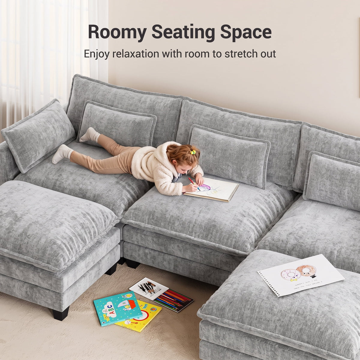  111" Modular Sectional Sofa with 2 Movable Ottomans, U-Shaped Oversized 3-Seat Chenille Cloud Sofa with 5 Pillows for Living Room, Gray
