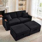 Muumblus Loveseat Sectional Sofa with 2 Storage Ottomans, Modular Cloud Couch with 2 Side Tables & USB, Plush Double Chaise Lounge Sofa Bed Indoor, Black Corduroy