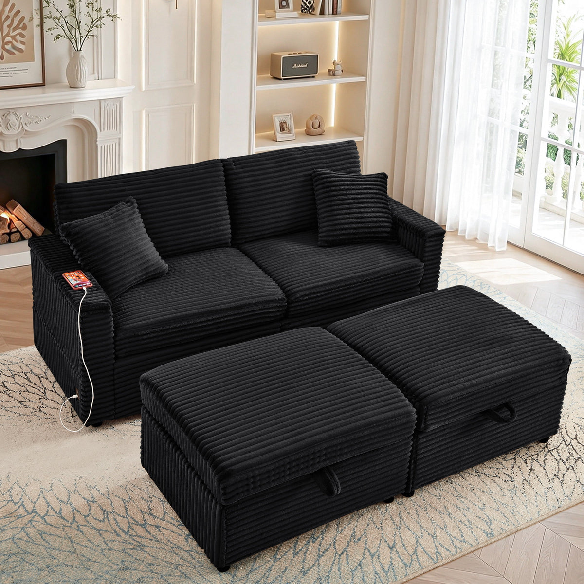 Muumblus Loveseat Sectional Sofa with 2 Storage Ottomans, Modular Cloud Couch with 2 Side Tables & USB, Plush Double Chaise Lounge Sofa Bed Indoor, Black Corduroy