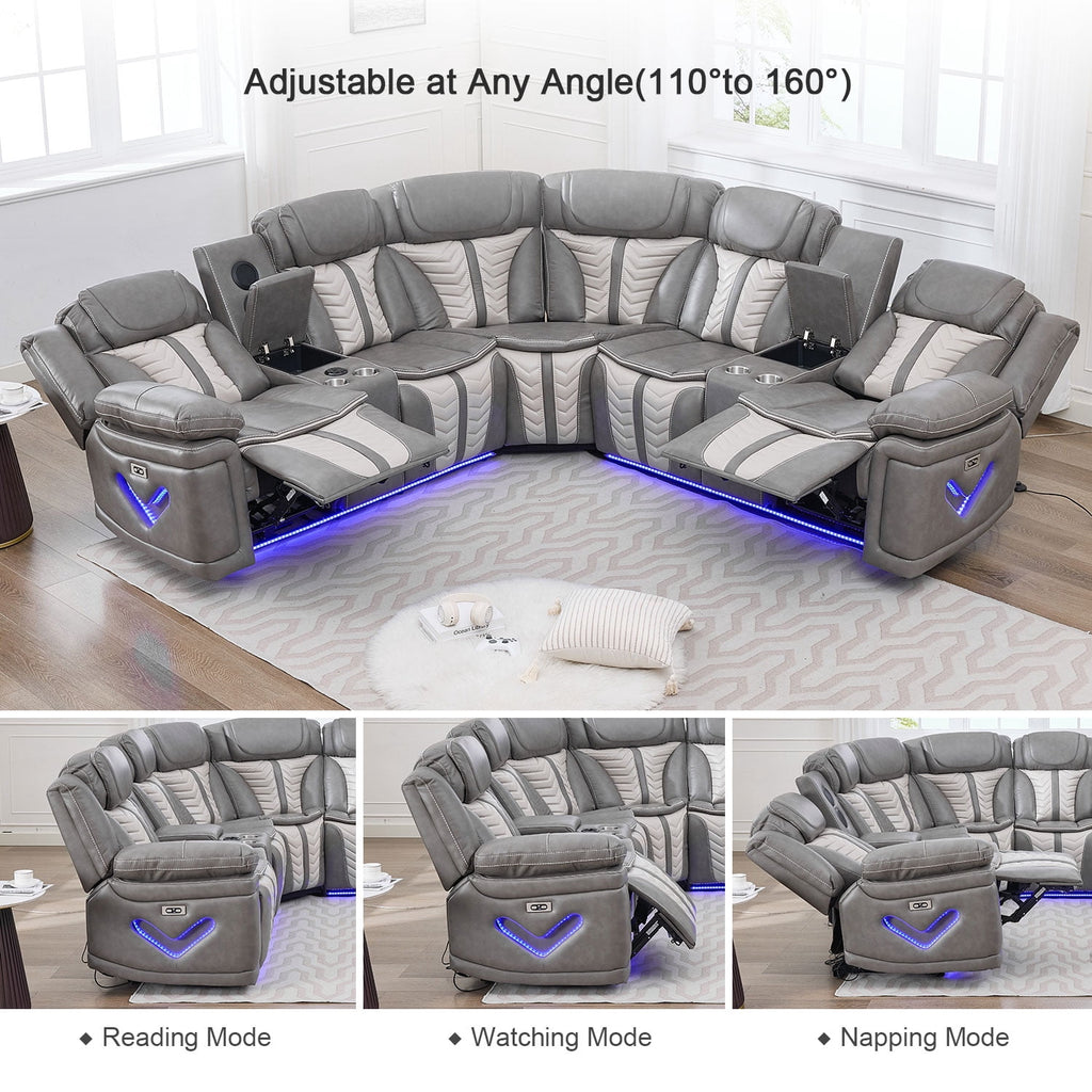 Power Reclining L-Shaped Sectional Sofa with LED Lights, Speakers, Cup Holders, Grey Faux Leather