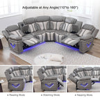 Power Reclining L-Shaped Sectional Sofa with LED Lights, Speakers, Cup Holders, Grey Faux Leather
